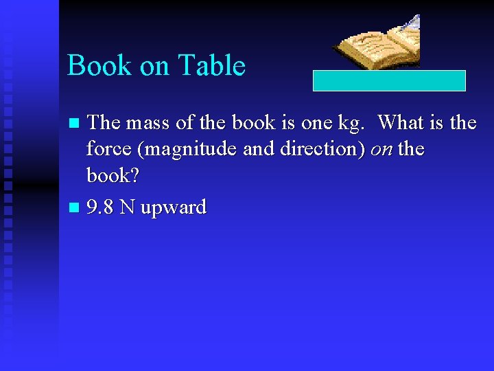 Book on Table The mass of the book is one kg. What is the