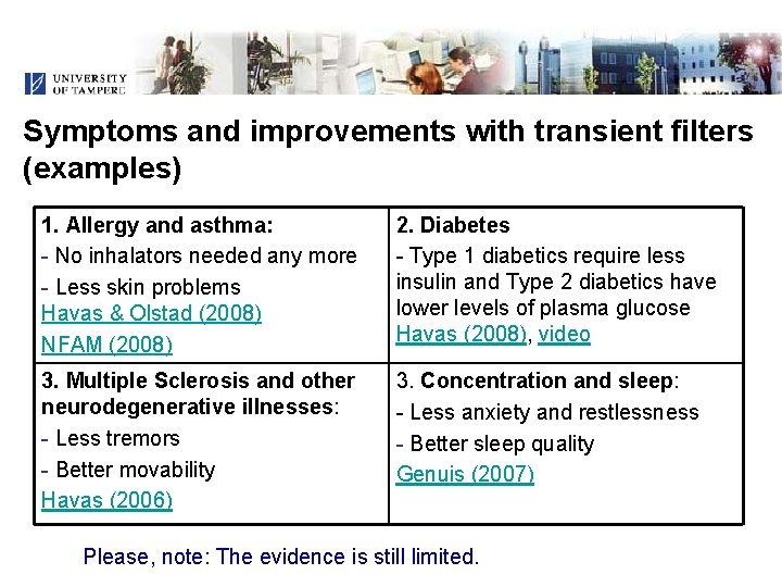 Symptoms and improvements with transient filters (examples) 1. Allergy and asthma: - No inhalators