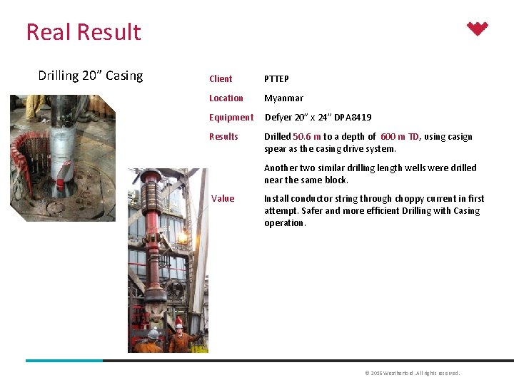 Real Result Drilling 20” Casing Client PTTEP Location Myanmar Equipment Defyer 20” x 24”