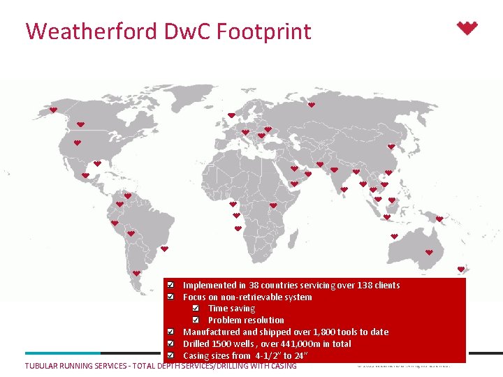 Weatherford Dw. C Footprint Implemented in 38 countries servicing over 138 clients Focus on