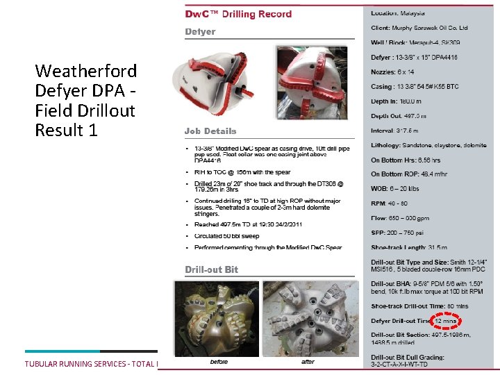 Weatherford Defyer DPA Field Drillout Result 1 TUBULAR RUNNING SERVICES - TOTAL DEPTH SERVICES/DRILLING