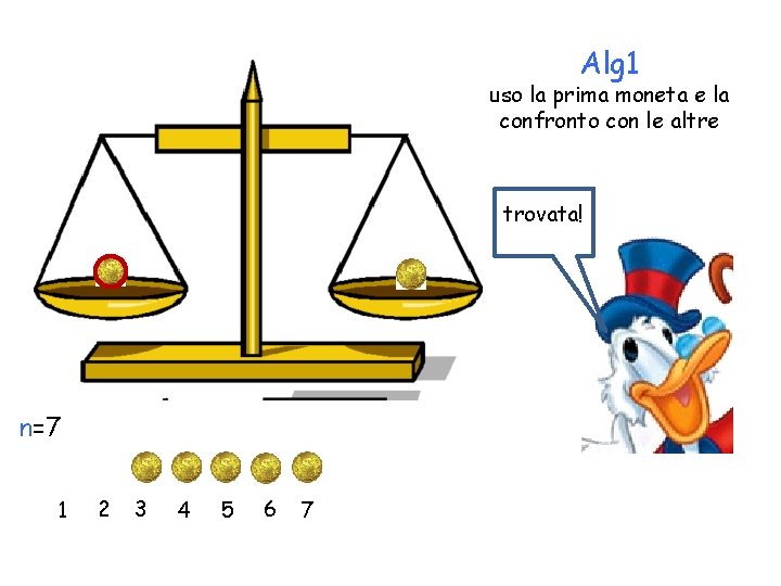Alg 1 uso la prima moneta e la confronto con le altre trovata! n=7