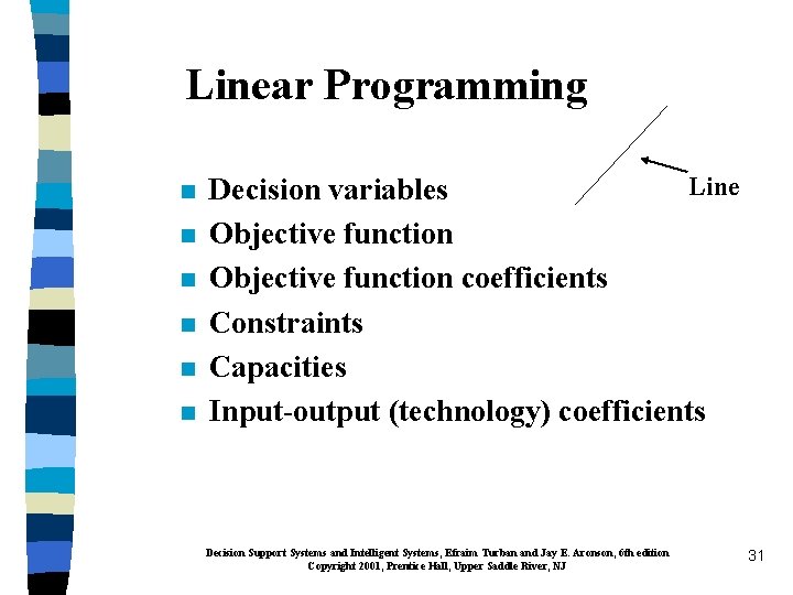 Linear Programming n n n Line Decision variables Objective function coefficients Constraints Capacities Input-output