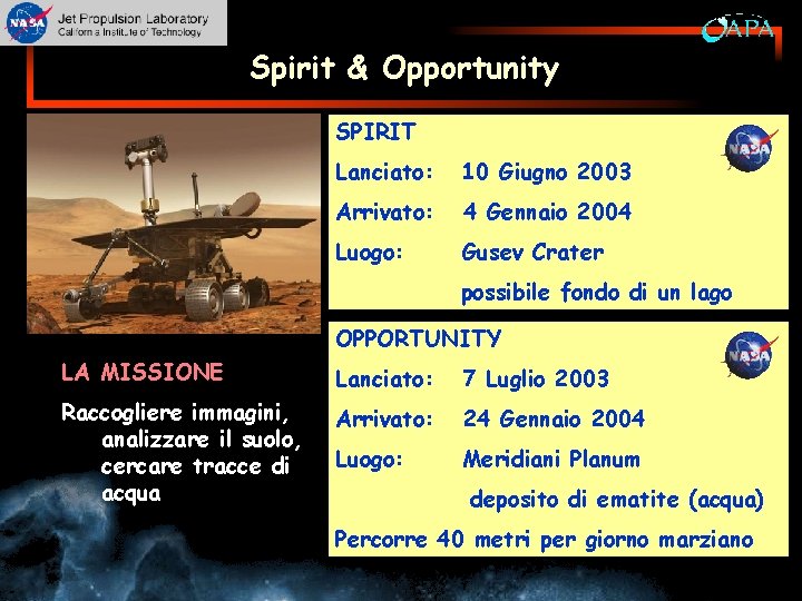 Spirit & Opportunity SPIRIT Lanciato: 10 Giugno 2003 Arrivato: 4 Gennaio 2004 Luogo: Gusev