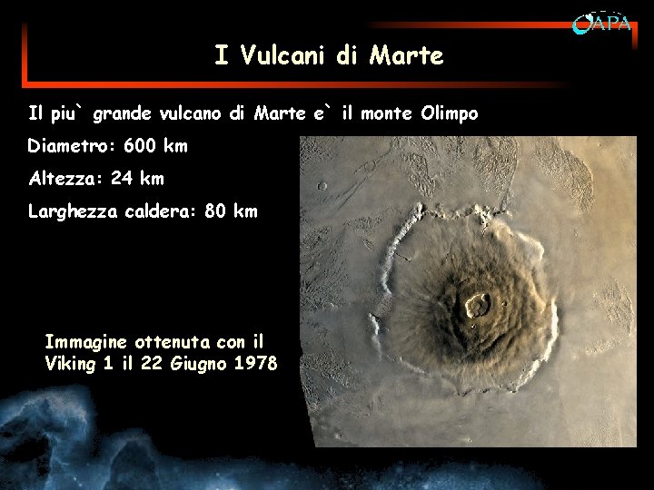 I Vulcani di Marte Il piu` grande vulcano di Marte e` il monte Olimpo
