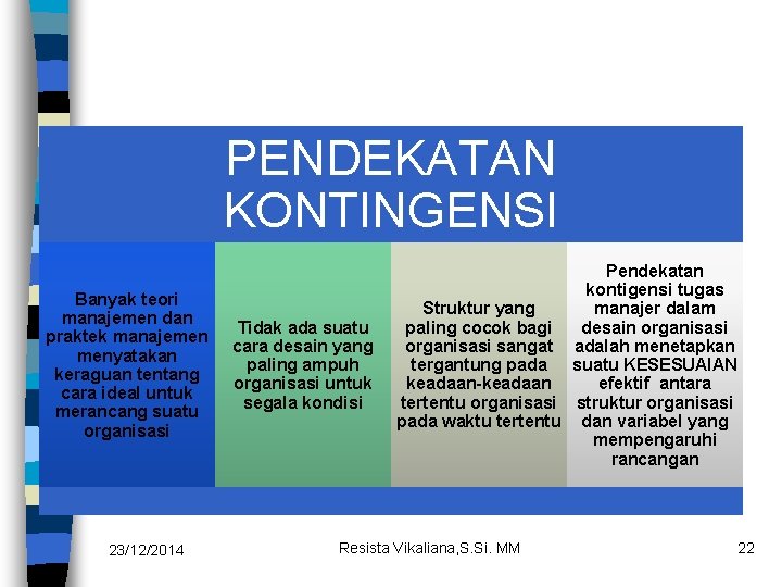 PENDEKATAN KONTINGENSI Banyak teori manajemen dan praktek manajemen menyatakan keraguan tentang cara ideal untuk