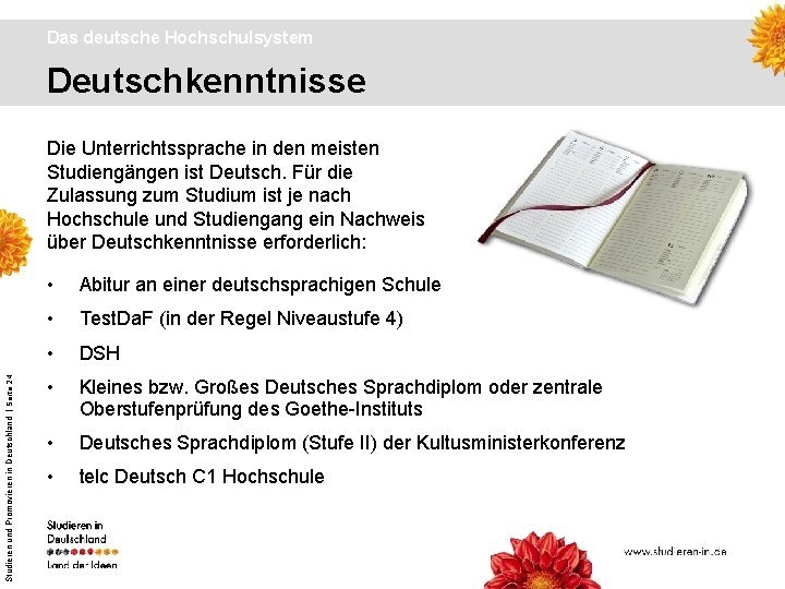 Das deutsche Hochschulsystem Deutschkenntnisse Studieren und Promovieren in Deutschland | Seite 24 Die Unterrichtssprache