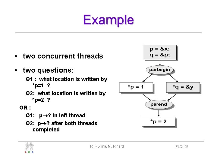 Example • two concurrent threads • two questions: Q 1 : what location is