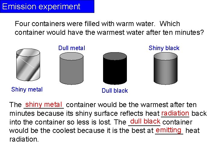 Emission experiment Four containers were filled with warm water. Which container would have the