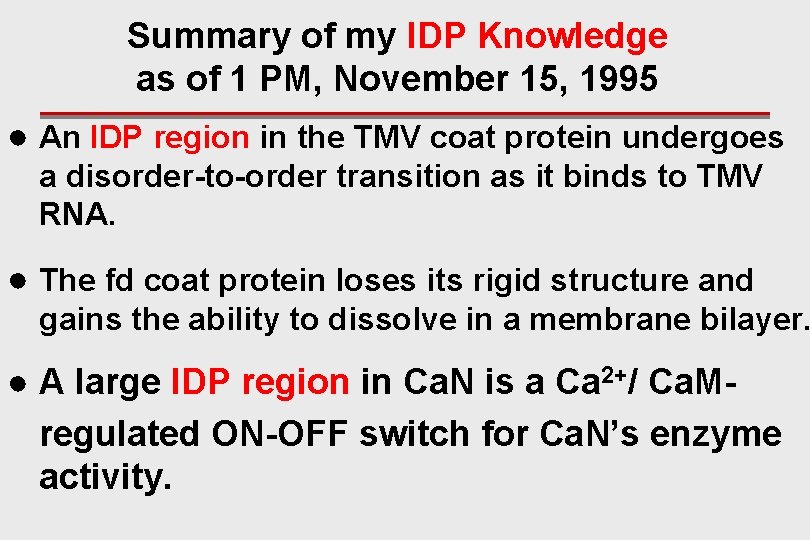 Summary of my IDP Knowledge as of 1 PM, November 15, 1995 ● An