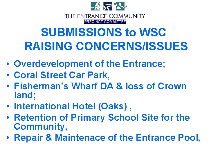 SUBMISSIONS to WSC RAISING CONCERNS/ISSUES • Overdevelopment of the Entrance; • Coral Street Car