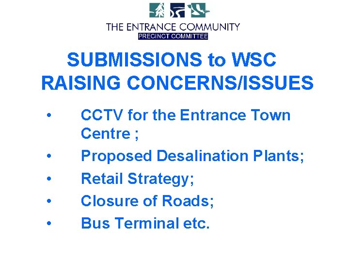 SUBMISSIONS to WSC RAISING CONCERNS/ISSUES • • • CCTV for the Entrance Town Centre