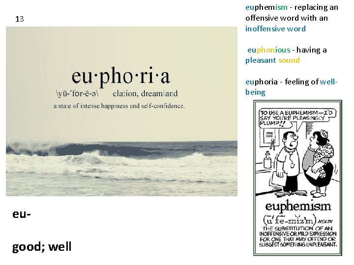13 euphemism - replacing an offensive word with an inoffensive word euphonious - having