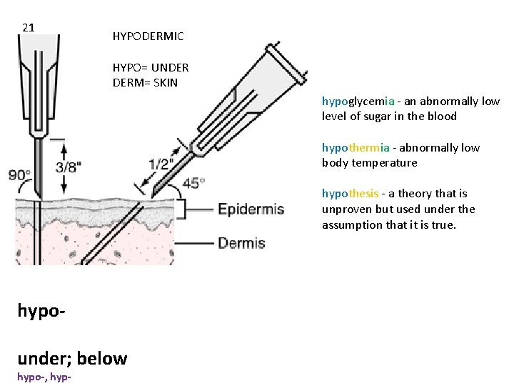 21 HYPODERMIC HYPO= UNDER DERM= SKIN hypoglycemia - an abnormally low level of sugar