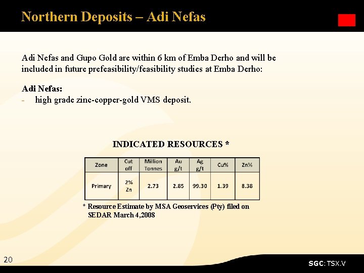 Northern Deposits – Adi Nefas and Gupo Gold are within 6 km of Emba