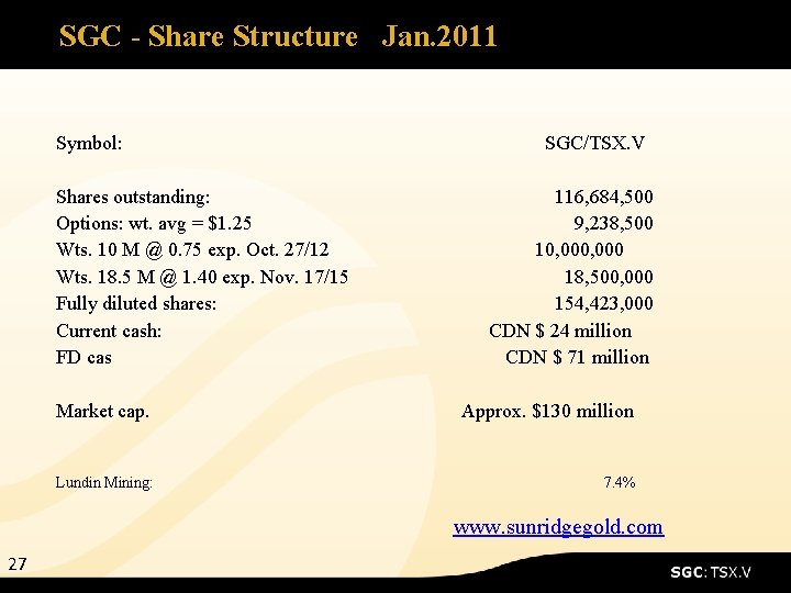 SGC - Share Structure Jan. 2011 Symbol: SGC/TSX. V Shares outstanding: 116, 684, 500