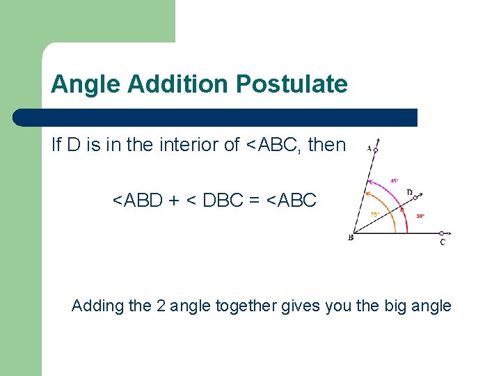 Angle Addition Postulate If D is in the interior of <ABC, then <ABD +