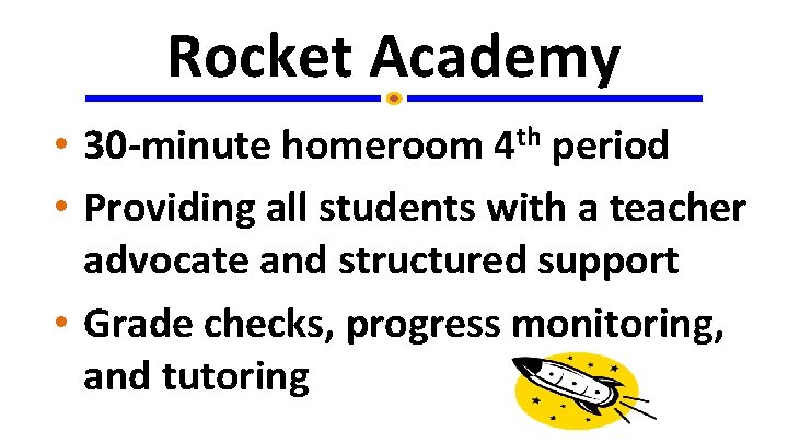 Rocket Academy • 30 -minute homeroom 4 th period • Providing all students with