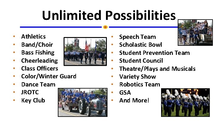 Unlimited Possibilities • • • Athletics Band/Choir Bass Fishing Cheerleading Class Officers Color/Winter Guard