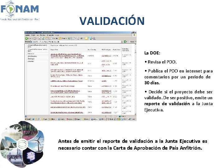 VALIDACIÓN La DOE: • Revisa el PDD. • Publica el PDD en internet para