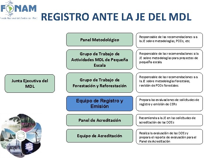 REGISTRO ANTE LA JE DEL MDL Junta Ejecutiva del MDL Panel Metodológico Responsable de