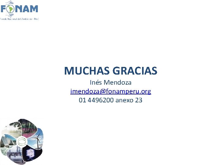 MUCHAS GRACIAS Inés Mendoza imendoza@fonamperu. org 01 4496200 anexo 23 