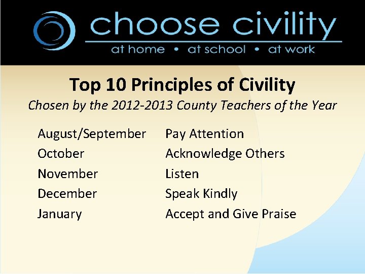 Top 10 Principles of Civility Chosen by the 2012 -2013 County Teachers of the