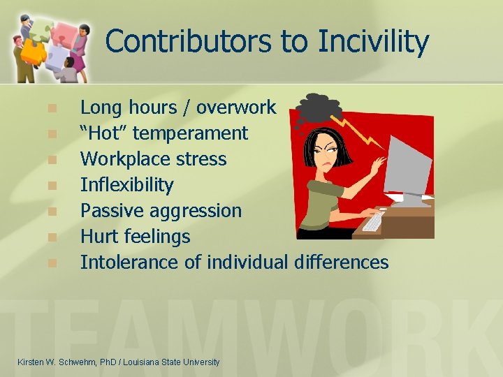 Contributors to Incivility n n n n Long hours / overwork “Hot” temperament Workplace