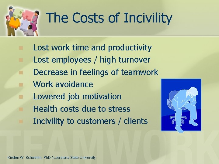 The Costs of Incivility n n n n Lost work time and productivity Lost