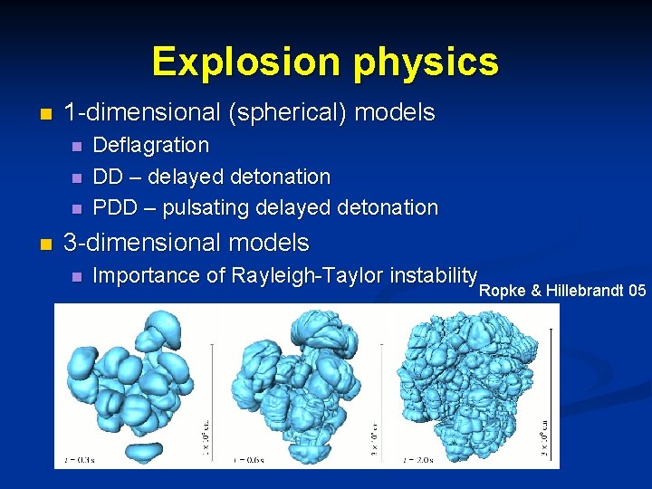 Explosion physics n 1 -dimensional (spherical) models n n Deflagration DD – delayed detonation