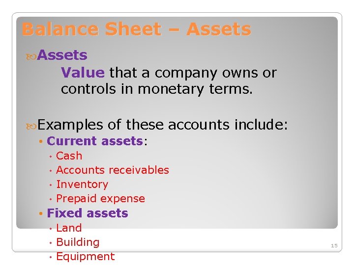 Balance Sheet – Assets Value that a company owns or controls in monetary terms.