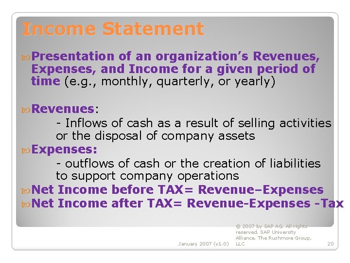 Income Statement Presentation of an organization’s Revenues, Expenses, and Income for a given period