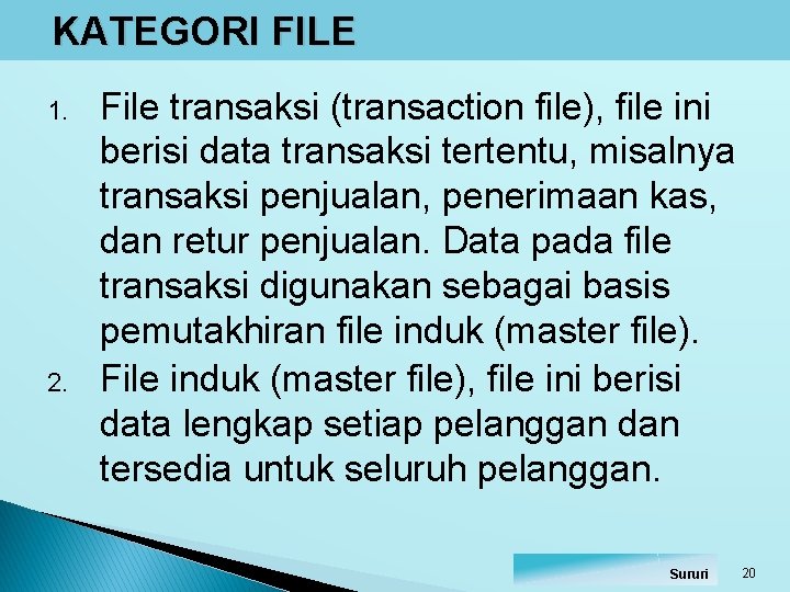 KATEGORI FILE 1. 2. File transaksi (transaction file), file ini berisi data transaksi tertentu, KATEGORI FILE 1. 2. File transaksi (transaction file), file ini berisi data transaksi tertentu,