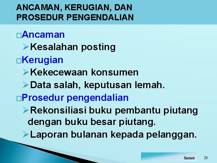 ANCAMAN, KERUGIAN, DAN PROSEDUR PENGENDALIAN �Ancaman ØKesalahan posting �Kerugian ØKekecewaan konsumen ØData salah, keputusan ANCAMAN, KERUGIAN, DAN PROSEDUR PENGENDALIAN �Ancaman ØKesalahan posting �Kerugian ØKekecewaan konsumen ØData salah, keputusan