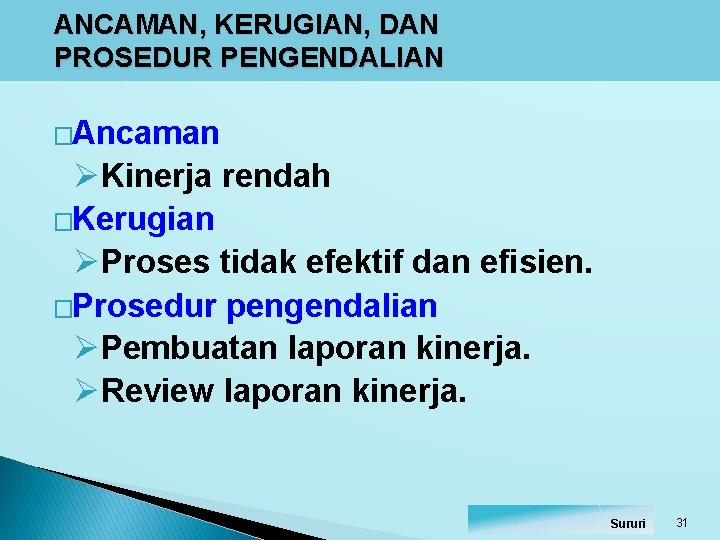 ANCAMAN, KERUGIAN, DAN PROSEDUR PENGENDALIAN �Ancaman ØKinerja rendah �Kerugian ØProses tidak efektif dan efisien. ANCAMAN, KERUGIAN, DAN PROSEDUR PENGENDALIAN �Ancaman ØKinerja rendah �Kerugian ØProses tidak efektif dan efisien.