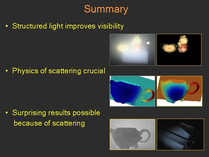 Summary • Structured light improves visibility • Physics of scattering crucial • Surprising results