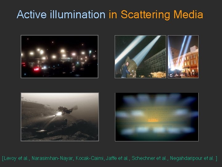Active illumination in Scattering Media [Levoy et al. , Narasimhan-Nayar, Kocak-Caimi, Jaffe et al.