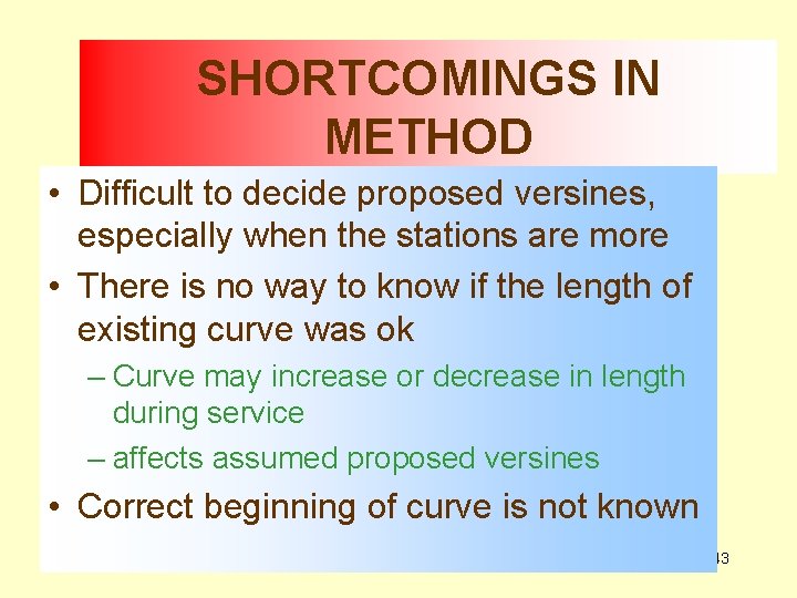 SHORTCOMINGS IN METHOD • Difficult to decide proposed versines, especially when the stations are
