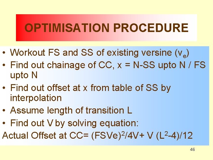 OPTIMISATION PROCEDURE • Workout FS and SS of existing versine (ve) • Find out