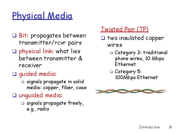 Physical Media q Bit: propagates between transmitter/rcvr pairs q physical link: what lies between