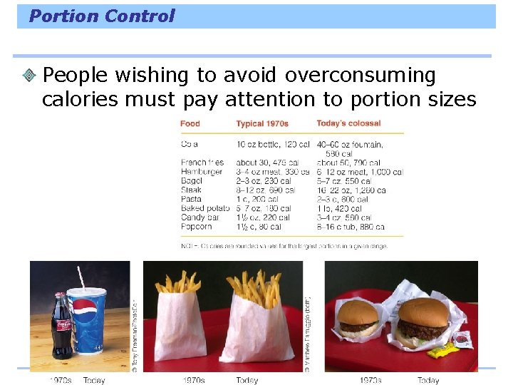 Portion Control People wishing to avoid overconsuming calories must pay attention to portion sizes