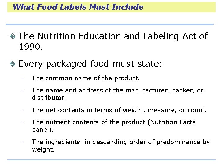 What Food Labels Must Include The Nutrition Education and Labeling Act of 1990. Every