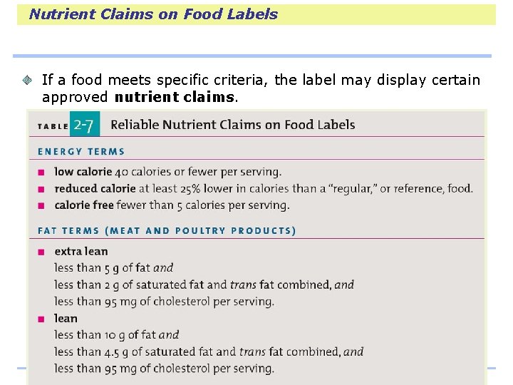 Nutrient Claims on Food Labels If a food meets specific criteria, the label may