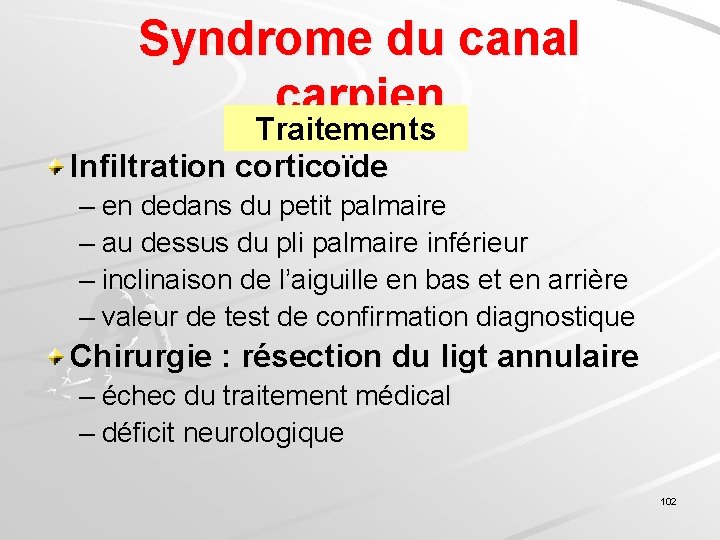 Syndrome du canal carpien Traitements Infiltration corticoïde – en dedans du petit palmaire –