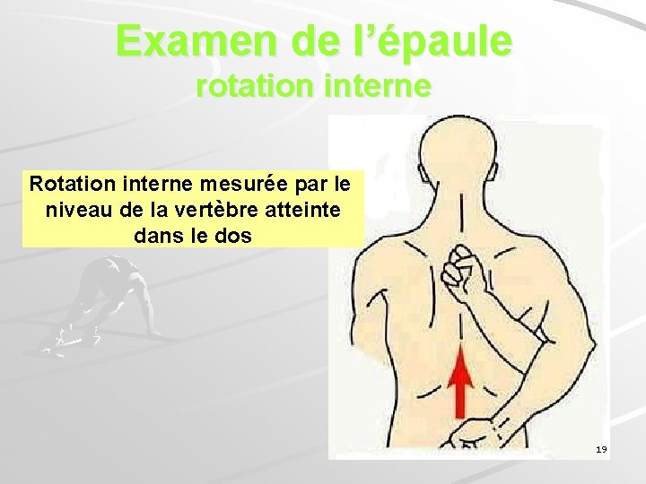 Examen de l’épaule rotation interne Rotation interne mesurée par le niveau de la vertèbre