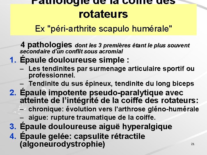 Pathologie de la coiffe des rotateurs Ex "péri-arthrite scapulo humérale" 4 pathologies dont les
