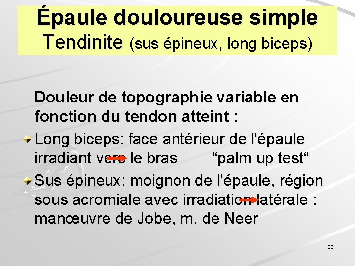 Épaule douloureuse simple Tendinite (sus épineux, long biceps) Douleur de topographie variable en fonction