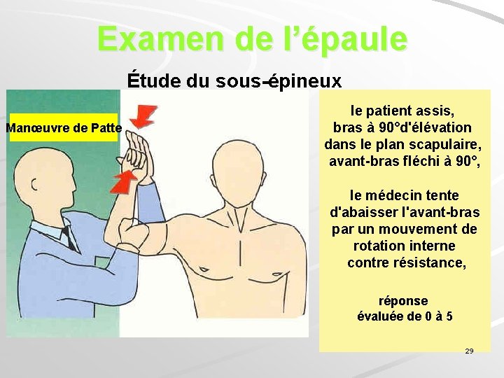 Examen de l’épaule Étude du sous-épineux Manœuvre de Patte le patient assis, bras à