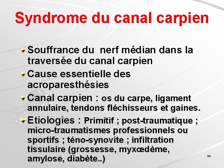 Syndrome du canal carpien Souffrance du nerf médian dans la traversée du canal carpien