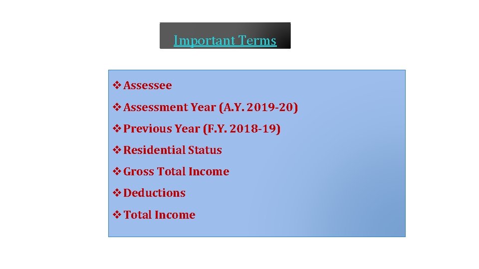 Important Terms v. Assessee v. Assessment Year (A. Y. 2019‐ 20) v. Previous Year